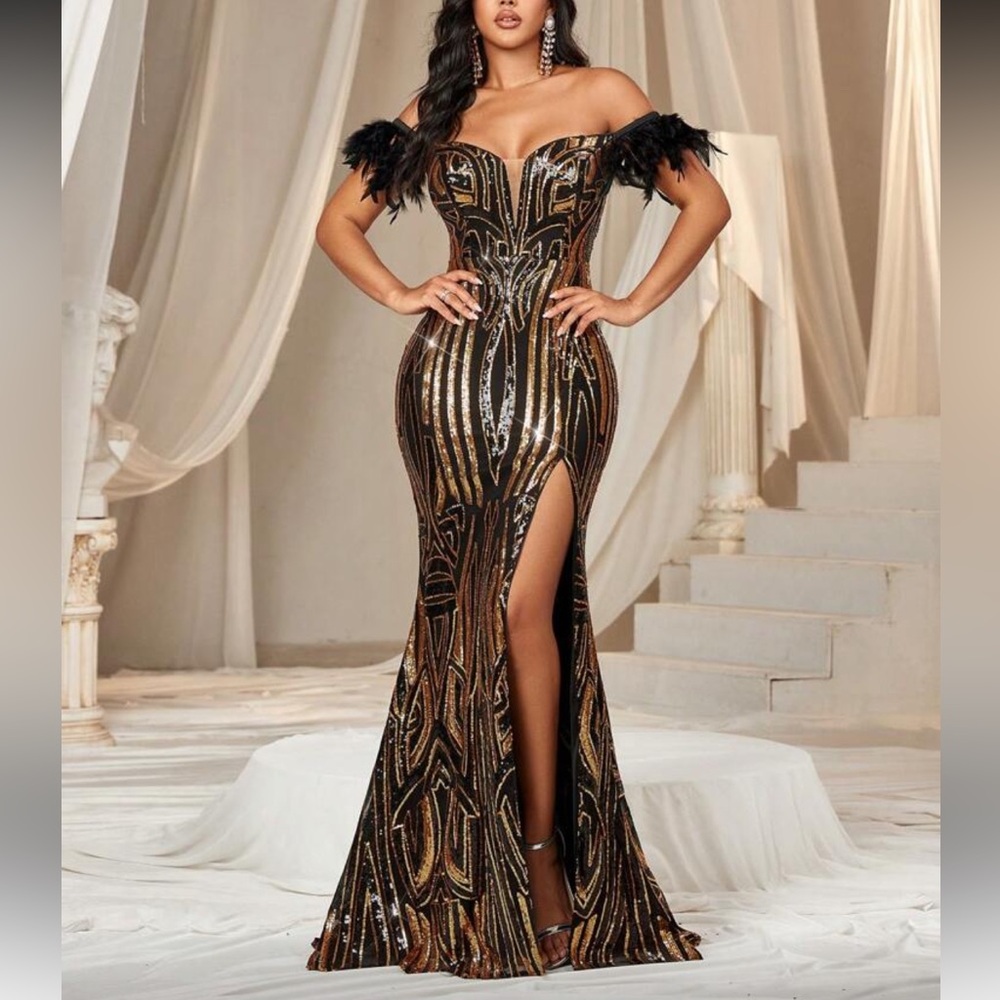 Luxe slit thigh feather detail sequins mermaid hem party formal dress